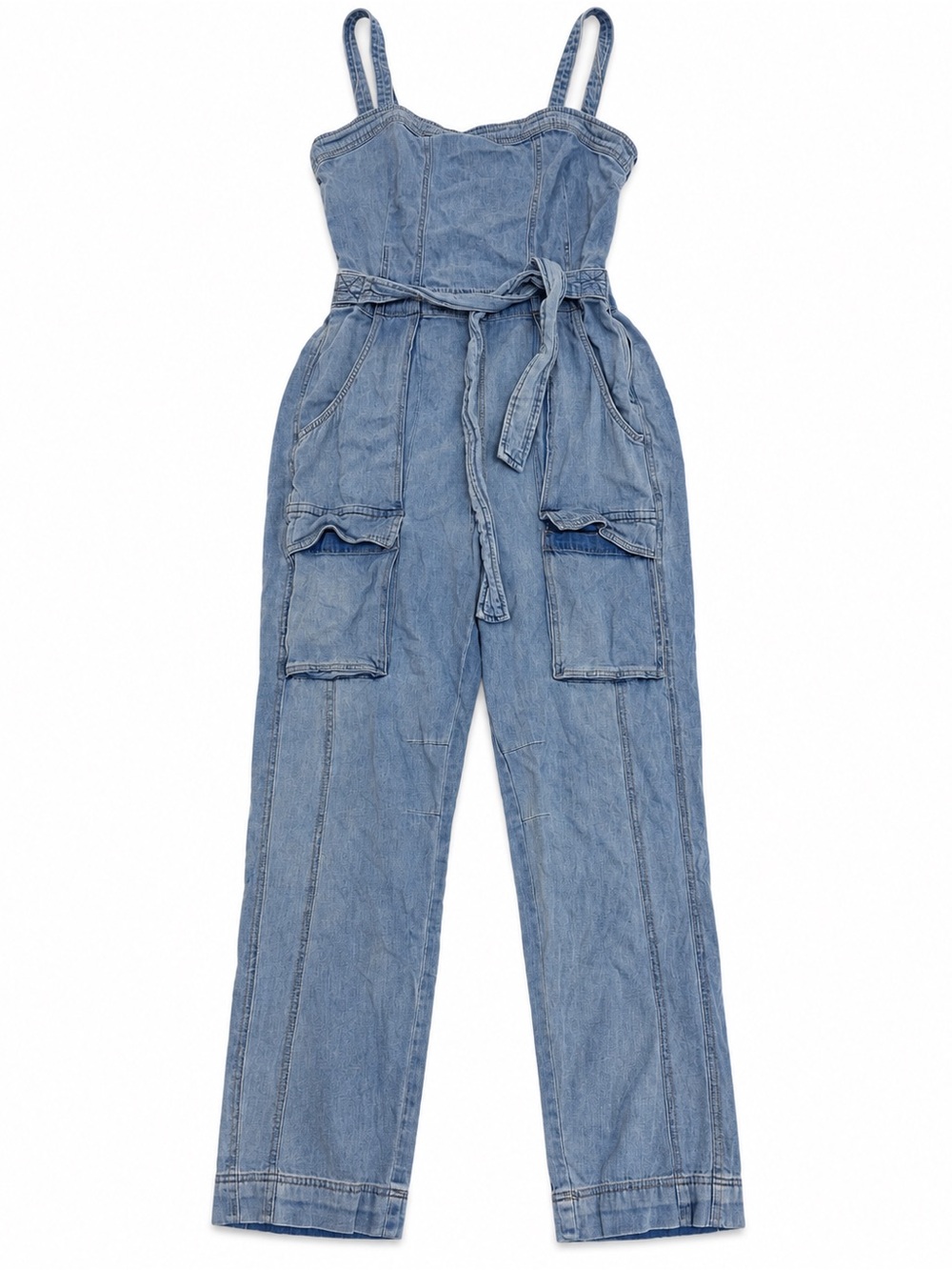Free People Go West Denim Utility Cargo Jumpsuit Light Wash Tie Waist